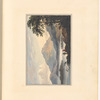 Mounted watercolor landscape with lake, anglers, and mountain