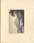 Mounted watercolor landscape with lake, anglers, and mountain