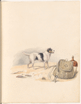 Watercolor of dog, with burlap satchel and jug