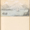 Mounted pencil lake view with sailboats, mountains