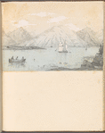 Mounted pencil lake view with sailboats, mountains