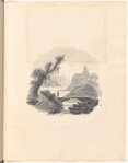 Ink wash landscape with tree, foot-bridge, and castle