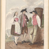 Watercolor of woman and two men in rural setting