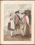 Watercolor of woman and two men in rural setting