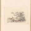 Pencil and watercolor drawing of hunter with two dogs, after a flock of birds