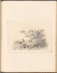Pencil and watercolor drawing of hunter with two dogs, after a flock of birds