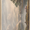 Mounted watercolor lake view with row-boats and mountains 