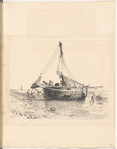 Mounted ink drawing of a beached sailboat, signed “L. Paget”