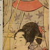 A man with bamboo pole standing by tub; woman washing cloth in second tub