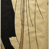 Lovers walking together under an umbrella in a snowstorm