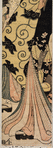 An oiran and her kamuro standing under a cherry tree
