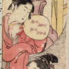 A girl looking through a circular window at a woman passing by with a komuso hat