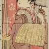 A girl looking through a circular window at a woman passing by with a komuso hat