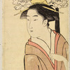 Prince Genji and a lady on a veranda looking at morning glories