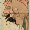 Prince Genji and a lady on a veranda looking at morning glories