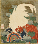 Painting of Peacocks, Pines, a Waterfall, and a Roll of Red Fabric