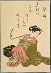 Lady smoking pipe, lacquer box at side