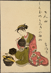 Seated lady applying makeup, holding mirror