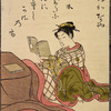 Seated lady reading book, second book on covered table