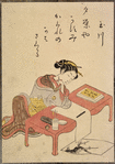 Seated lady contemplating blank sheet of paper; drawing on floor in foreground