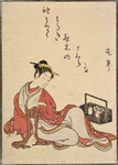 Seated lady leaning back on right hand ; lacquer box nearby