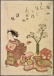 Seated lady with small table and flower arrangement