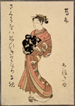 Standing lady wearing sash patterned with cranes