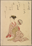 Seated lady in checked robe holding fan