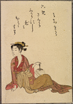 Seated lady, leaning on one hand, dangling fan from other