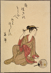 Seated lady fixing hair, fan on ground nearby