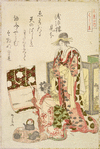 Two courtesans examining a hanging scroll