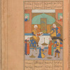 Iskandar, disguised as a merchant, meets Nūshābah, Queen of Burda