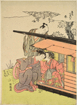 A girl in a kago resting under a blossoming cherry tree and whispering a message to another girl who kneels beside her