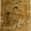 A young man lying on the floor in a parlor and a young woman sitting by his side