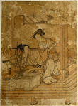 A young man lying on the floor in a parlor and a young woman sitting by his side