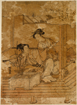 A young man lying on the floor in a parlor and a young woman sitting by his side