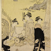Two ladies playing upon ancient musical instruments, and a third bearing a tray with an aoi plant which she is taking to Prince Genji, who is pictured in the sheet to the right