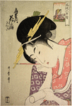 The oiran Hanaogi of Ogiya.  She is compared to the famous ninth century poetess Ono no Komachi who is represented in the small cartouche