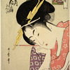 The oiran Hanaogi of Ogiya.  She is compared to the famous ninth century poetess Ono no Komachi who is represented in the small cartouche
