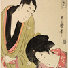 Half length figure of a young man who is tying his obi and looking down at a woman who is bending forward in an attitude of dejection