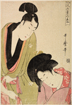Half length figure of a young man who is tying his obi and looking down at a woman who is bending forward in an attitude of dejection