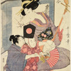 A woman playing the samisen while her young son, sided by an older boy, capers about in the dress of a kagura dancer