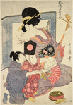 A woman playing the samisen while her young son, sided by an older boy, capers about in the dress of a kagura dancer