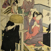 The toilet of an oiran interrupted by the intrusion of a street singer wearing a black robe and a basket hat