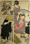 The toilet of an oiran interrupted by the intrusion of a street singer wearing a black robe and a basket hat