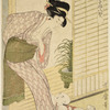 A young mother leaning against the door post of a house and looking down at her infant son who lies at her feet and is reaching up to her