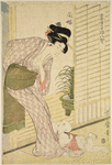A young mother leaning against the door post of a house and looking down at her infant son who lies at her feet and is reaching up to her