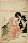 Two women playing with a small boy, whose clothing is so adjusted as to resemble the attire of a Buddhist priest