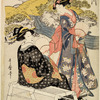 A woman standing near a stream and conversing with another woman seated on a bench (Kii no Tamagawa)
