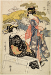 A woman standing near a stream and conversing with another woman seated on a bench (Kii no Tamagawa)